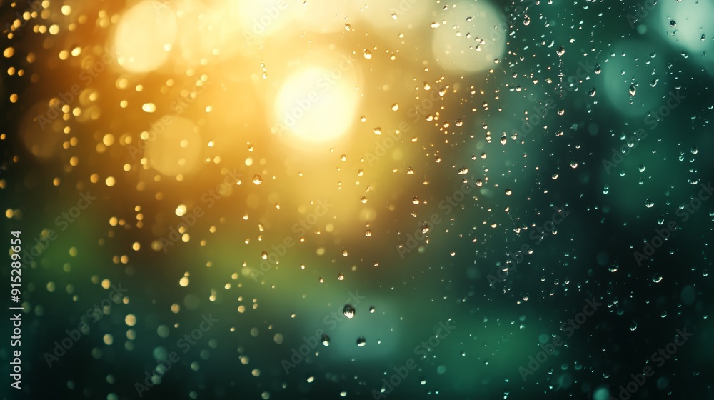Aufkleber sunlight shining through raindrops, creating a magical golden bokeh effect with a serene background.