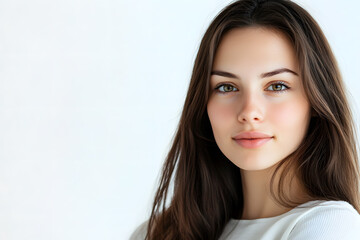Fototapeta premium Beautiful young European woman with clean fresh skin on white background. Face care, Facial treatment concept