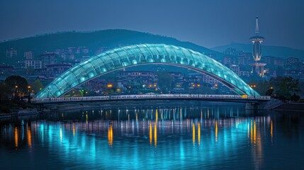 Naklejka premium Illuminated Bridge Reflecting in Blue Water