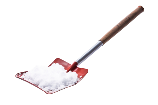 Creating Winter Magic With a Red Shovel Loaded With Fresh Snow Under a Bright Blue Sky on Transparent PNG Background.