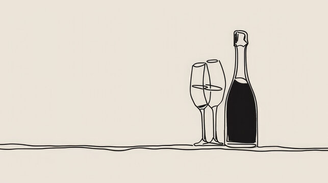 A minimalistic line art depiction of a wine bottle and two glasses, evoking a sense of elegance and celebration, suitable for design, lifestyle blogs, and advertisements.