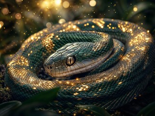 Fototapeta premium Mystical Green Snake Coiled in Enchanted Forest with Glowing Scales