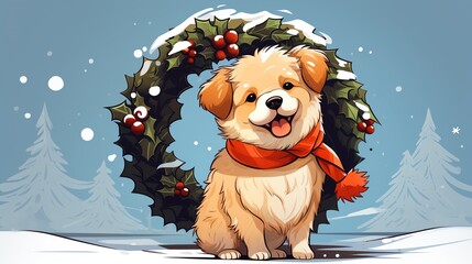 Cute cartoon puppy wearing a red scarf and a holly wreath in a snowy winter scene.