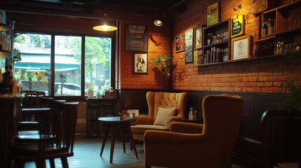 Obraz premium Cozy Bar Interior with Brick Walls and Comfortable Armchairs