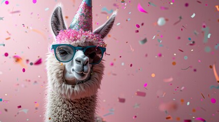 lama wearing sunglasses and a colorful birthday hat, with confetti flying around on a pink background