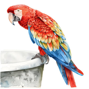 Beautiful parrot sitting on the edge of a bathtub, full body, watercolor illustration, single object, isolate on white background.