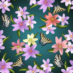 Colored background with bouquets of lilies.Bouquets of lilies and butterflies on a colored background in a seamless vector pattern.