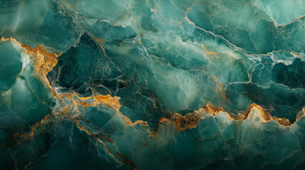 Closeup of green marble with golden veins, showing intricate natural patterns and luxurious texture.