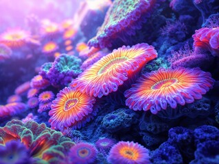 Fototapeta premium Vibrant Underwater Coral Reef With Colorful Marine Life in Glowing Light