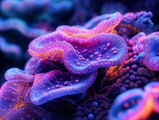 Fototapeta premium Close-Up of Vibrant Coral Reefs with Glowing Polyps Underwater at Night