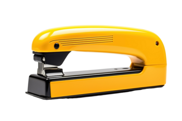 Bright Yellow Stapler On Solid Surface With Office Supplies Nearby During Productive Workday on Transparent PNG Background.