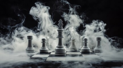 Dramatic Chessboard with White Chess Pieces Surrounded by Smoke