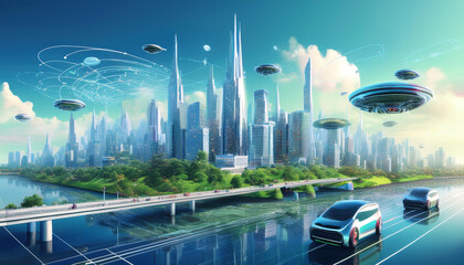 Modern the AI-Powered City A Glimpse into Tomorrow the advanced city with advanced buildings and vehicle like cars