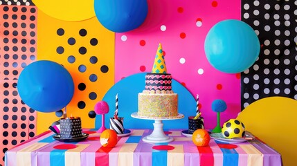 Vibrant celebration backdrop featuring cake and hats