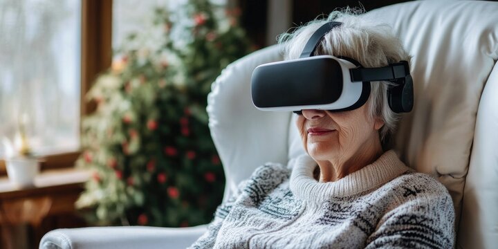 A person sits in a chair wearing a virtual reality headset, immersed in digital content