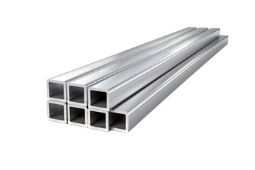 Stacked Rectangular Metal Tubes Ready for Construction in a Modern Workshop Setting on Transparent PNG Background.