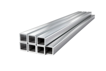 Stacked Rectangular Metal Tubes Ready for Construction in a Modern Workshop Setting on Transparent PNG Background.