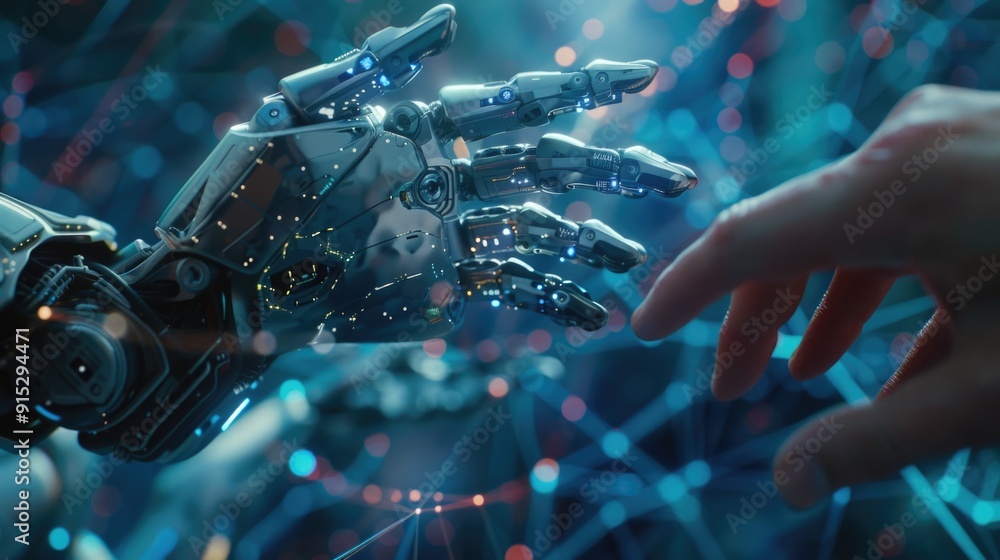 Poster a robotic hand extends towards a human hand, highlighting the intersection of technology and human i