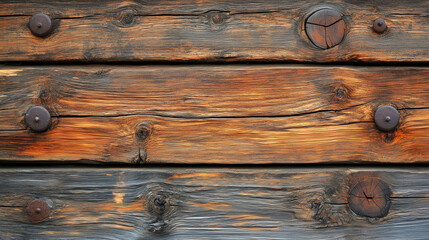 Closeup of rustic wooden planks with bolts, showing detailed wood grain patterns and weathered texture.