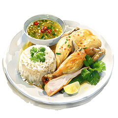 Khao Man Gai : Poached chicken served with fragrant rice and ginger dipping sauce, Thai food, watercolor illustration, smoot color, single object, isolate on white background.