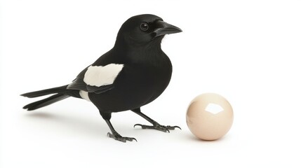 Obraz premium Black and white magpie stands curiously next to a smooth beige sphere against a clean white studio background.