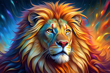 Fototapeta premium Majestic, vibrant lion portrait with fiery mane, powerful and artistic digital wildlife illustration. Generated by ai