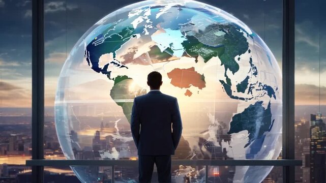 A silhouette of a man and woman holding a globe, representing global business success and international communication