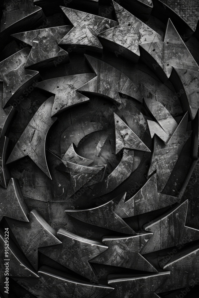 Poster a close-up shot of a circular sculpture in black and white, featuring intricate details and textures