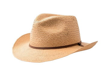Charming Sunlit Straw Hat Resting on a Rustic Wooden Surface in Summer on Transparent PNG Background.
