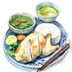 Khao Man Gai : Poached chicken served with fragrant rice and ginger dipping sauce, Thai food, watercolor illustration, smoot color, single object, isolate on white background.