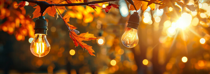 Glowing garlands, light bulbs, street lights, lantern on autumn nature background.Cozy fall ambience at the park. Mockup with colorful leaves,bokeh,lights, blurred background,copy space. Generative ai