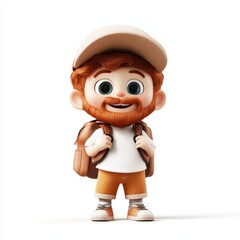 Cartoon character with a backpack standing outdoors during the day