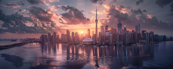 City skyline at sunset, 4K hyperrealistic photo