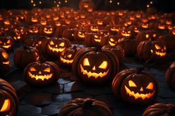 Pumpkins lanterns halloween decoration glowing.