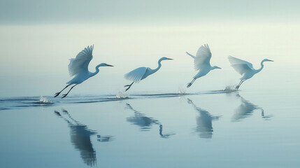 Fototapeta premium Birds like herons or ducks taking off or landing on a lake or river, capturing their movement and reflection on the water