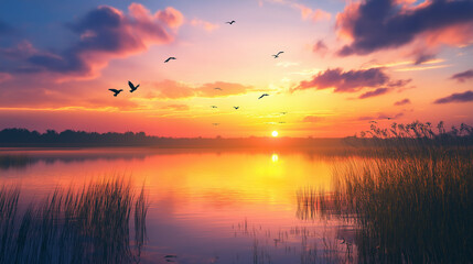 Obraz premium sunset on the lake, Birds in silhouette against a stunning sunrise, with colorful skies reflecting on a serene lake or field.