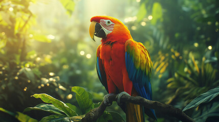 Obraz premium Brightly colored exotic birds such as parrots or toucans in a lush, green rainforest setting