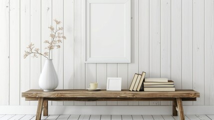 Vertical Mockup: White Frame on Vintage Bench with Books, Vase, and Card in Scandinavian Interior