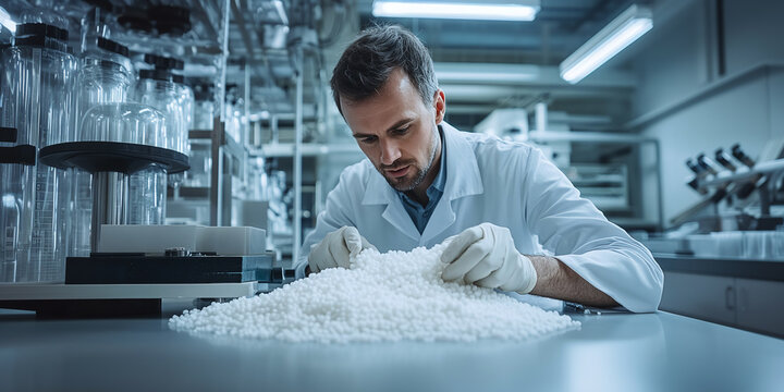 An engineer studying white polymer pellets in a polymer research laboratory, essential for design and testing in the plastics industry.