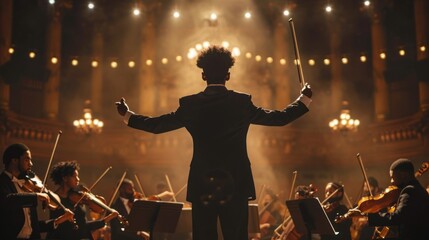 A conductor stands in front of a group of musicians