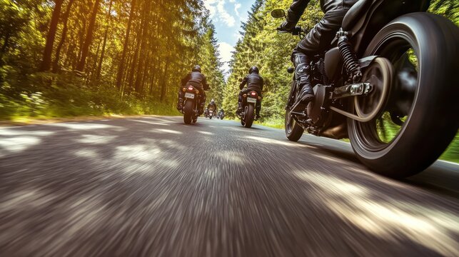 A group of motorbikes on the forest road riding. having fun driving the empty road on a motorcycle tour journey. In summer against a blue sky. Concept of motorsport, speed. Back bottom view.