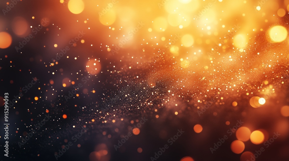 Poster golden bokeh light particles floating in a dark background, creating a magical and festive ambiance 