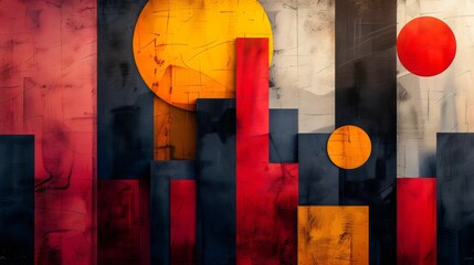 Naklejka premium A painting of a cityscape with a red sun in the background