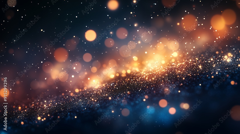 Poster a blend of golden and blue glitter bokeh, creating a magical and festive visual effect perfect for c