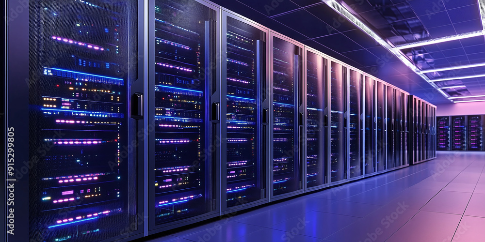 Poster a modern data center with several servers, each of which is equipped with glowing leds.