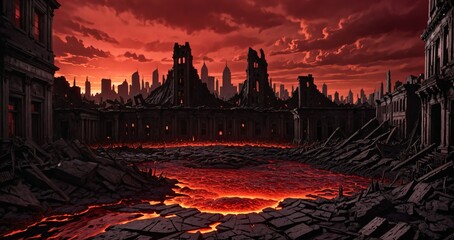 volcanic lava magma river flowing through destroyed city street and abandoned town buildings and towers. hellmouth entrance to hell in apocalyptic landscape hellscape.