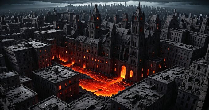lava magma river flowing through destroyed city buildings in dark molten brimstone aerial bird's eye view hellscape. post apocalyptic hell town ruins.