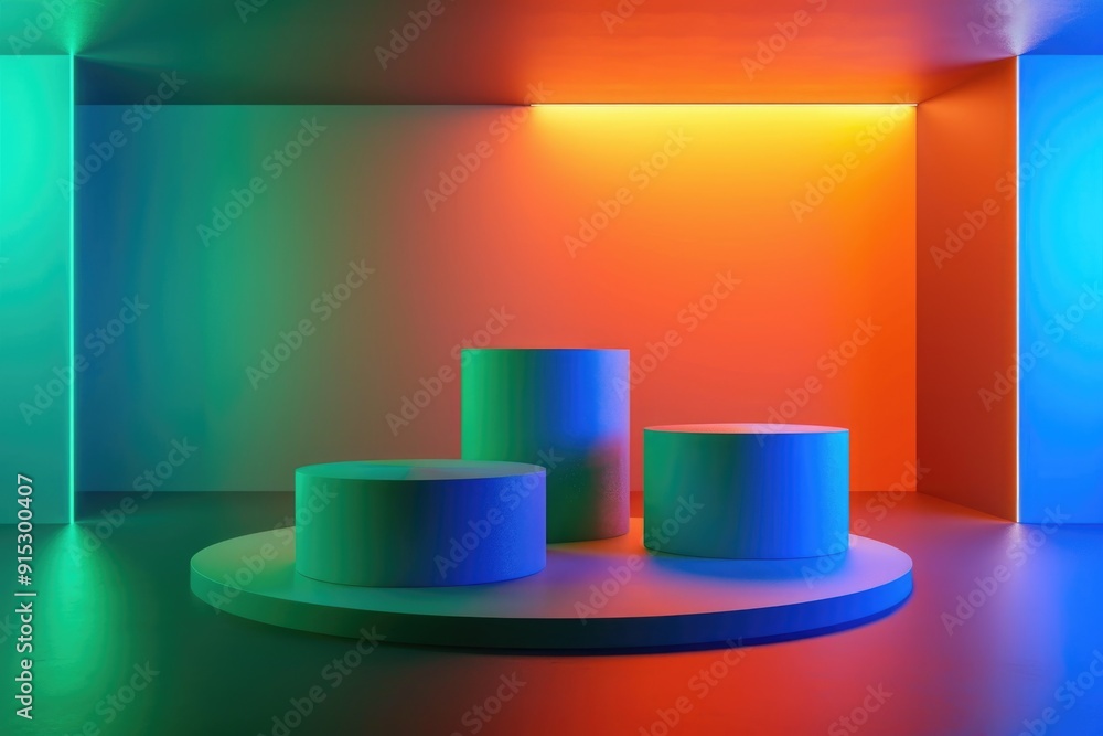 Poster A modern space with three circular pedestals under bright lighting, suitable for showcasing objects or products