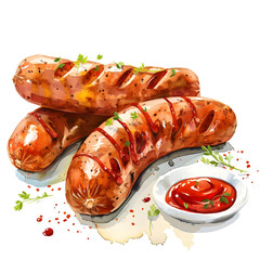 Currywurst : German sausage served with ketchup and curry powder, full body, isolate on white background, watercolor illustration.