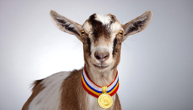gold medal goat proudly wearing a medal